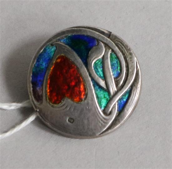 An early 20th century Art Nouveau silver and enamel button, converted to a brooch, William Hair Haseler, 26mm.